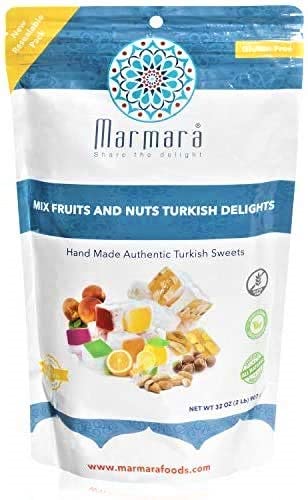 Marmara Hand Made Mix Fruits and Nuts Turkish Delights Individually Wrapped Gift Holidays Anniversaries Birthdays Gluten Free Vegetarian Sweet Gourmet Desert Snack 2 Lbs Resealable Pouch