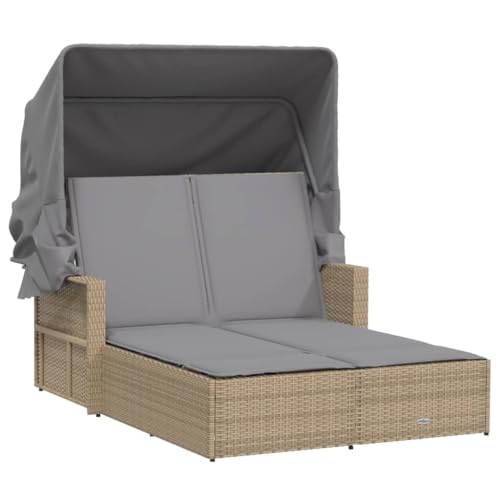 vidaXL Doppel Sonnenliege, Sonnenbett mit ausziehbarem Sonnendach, Doppelliege mit Verstellbarer Rückenlehne, Gartenmöbel Gartenliege, Beige Poly Rattan