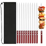 FEMONGY 10 PCS Brochetas de Barbacoa de Acero Inoxidable, Brochetas de Kebab Planas de 35cm, Mango de Madera Resistentes al Calor, espetos sardinas Reutilizables, Accesorios Barbacoa con Bolsa