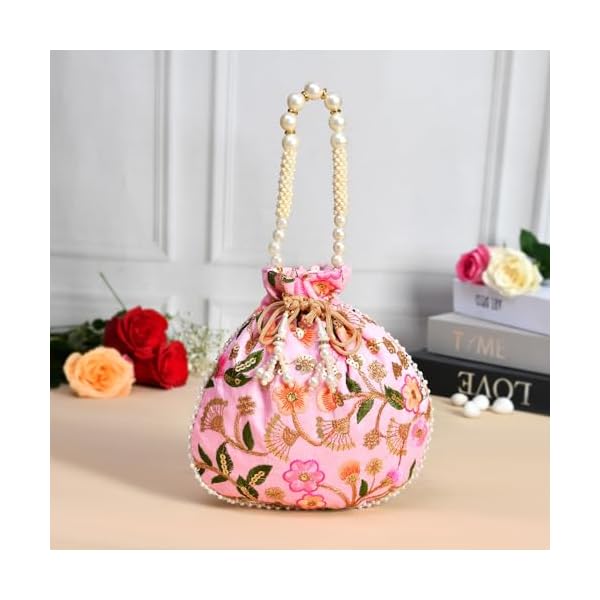Kuber Industries Potli|Silk Wedding Potli|Christmas Gift Potli|Baby Shower Potli|Traditional Shagun Potli|Drawstring with Beads Handle Potli|New Flower Embroidery Potli|Pack of 2|Multi - Image 4