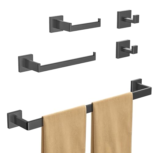 AIKER 60cm Toalleros De Baño,5 PCS Inoxidable SUS304 Engrosado Juego De Accesorios De Baño，Alta Capacidad De Carga Toalleros De Baño/Soporte De Papel Higiénico/2 Ganchos para Albornoz-Negro