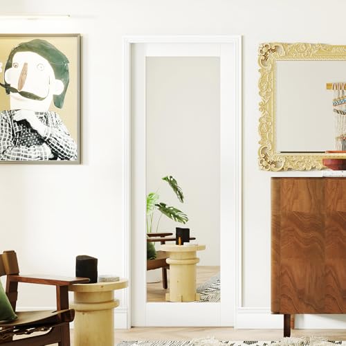 Image of Sliding Pocket Door, 24 inch x 80 inch Pantry Doors, 1-Lite Mirror Panel with Frame and Hardware Kit Set, Interior & Closet Single Finished Door Slab, White Primed