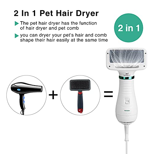 Ownpets Pet Hair Dryer, 2 in 1 Quiet Portable Pet Grooming Blower with Slicker Brush, Adjustable Temperature & Fast-Drying Towel, Home Pet Care for Dogs, Cats & Other Coated Breed