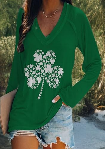 Image of BOFETA Women St Patricks Day Sweatshirts Loose Long Sleeve Shirts Green Shamrock Print Blouse Flowy Color Block Pullover Tops