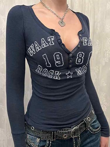 Women’s Y2K Long Sleeve Henley T Shirts Button Down Slim Fit Vintage Casual Tops Graphic Crop Tops3