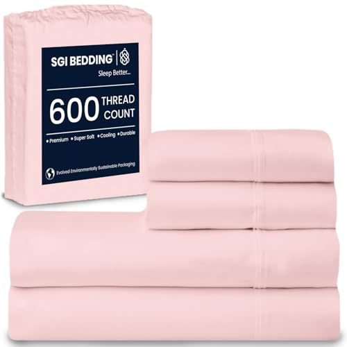 Image of SGI bedding 100% Egyptian Cotton Sheets Queen Size - 600 Thread Count Sheets Set, Soft, Cooling, 15 inch Deep Pocket, Luxury Hotel Bedding, Breathable, Durable - Blush