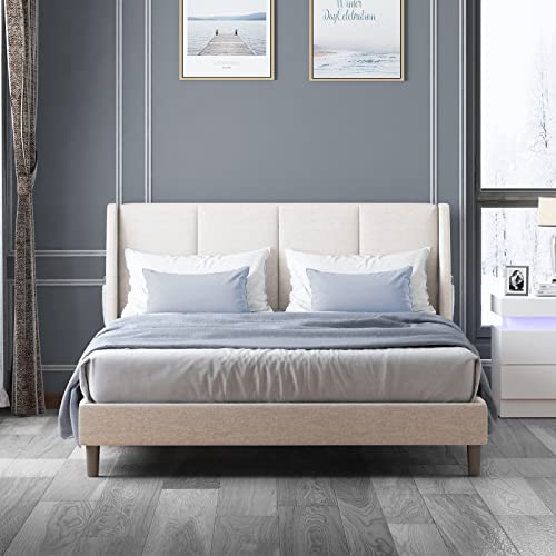Balus Wingback Queen Size Bed Frame, Upholstered Platform Bed Frame With 2 Pockets,Bed Frame With Wooden Slats Support, No Box Spring Needed/Easy Assembly/No Mattress(Queen, Beige) #TOP2