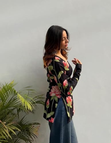 Image of ANNI Designer Women's Viscose Blend Printed Short Kurti for Women Floral Design Square Neck Top | Short Kurtis for Woman | Kurti Tops for Women | Kurtas for Woman | Kurti with Jeans Styling