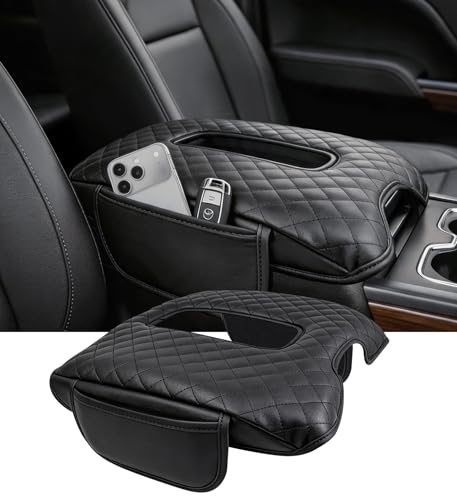 Image of Center Console Cover for Chevrolet Silverado & GMC Sierra 2014-2018, Tahoe & Suburban & Yukon 2015-2020, Fits Bucket Seat Only, 1.2-Inch Thick PU Leather Armrest Protector with 2 Side Pockets