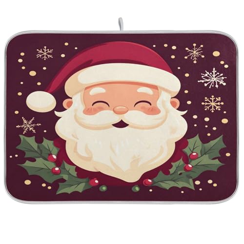 Waassud Tapete de secado de platos de Papá Noel con texto en inglés 'Happy Santa Claus, escurridor de platos, antideslizante, tapete de secado de platos para encimera de cocina, artículos esenciales