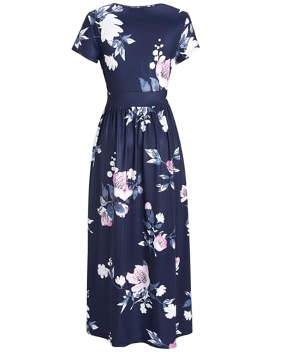 OUGES Women's V-Neck Pattern Pocket Maxi Long Dress(Floral-C,L)