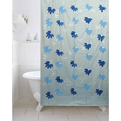 Image of Kuber Industries Polyvinyl Chloride Floral Shower Curtain with 8 Hooks- Sky Blue, Standard