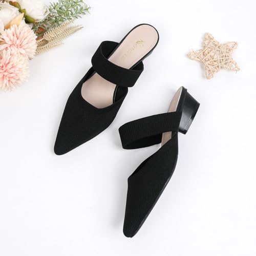 Image of Semwiss Pointed Toe Mules for Women Chunky Low Heeled Sandals Breathable Backless Mesh Knit Slip on Loafers