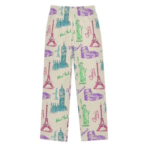 London Paris City Boys Long Pants Soft Trousers Elastic Waist Kids Lounge Bottoms with Pockets S-XL