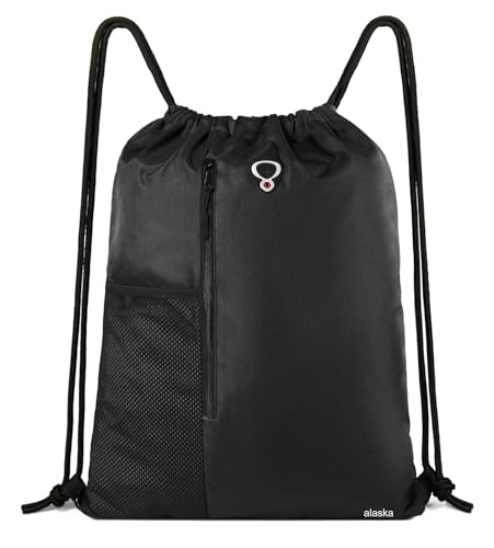 Image of ALASKA Drawstring Backpack Sports Gym Bag Large Size (18 Inch x 14 Inch) for Women & Men, Large Size With Two Zipper Pockets and Water Bottle Mesh Pocket.