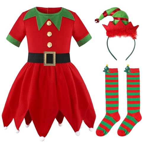 TAGVO Weihnachtself Kostüm Kinder 3-12 Jahre, Mädchen Elfen Kostüm Weihnachten, Zauberhaftes Elfen-Outfit mit Stirnband und Socken, Christmas Elf Costume für Weihnachtsfeiern, Familienfeste & Cosplay