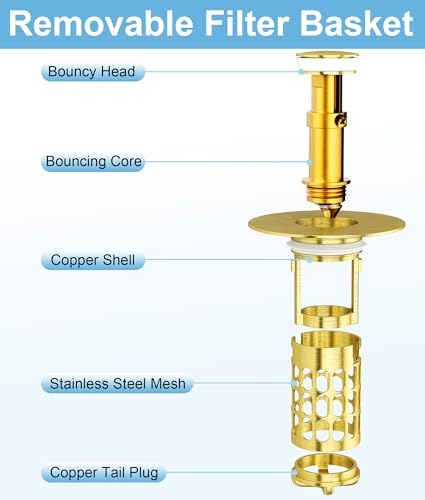 Image of QYHNYJF Upgraded Bathroom Sink Stopper with Hair Catcher - Universal Pop-Up Drain Plug, Stainless Steel & Silicone Seal for 1.1-1.5 Inch Drains, Gold Matte Brushed Finish (Gold Matte Brushed)