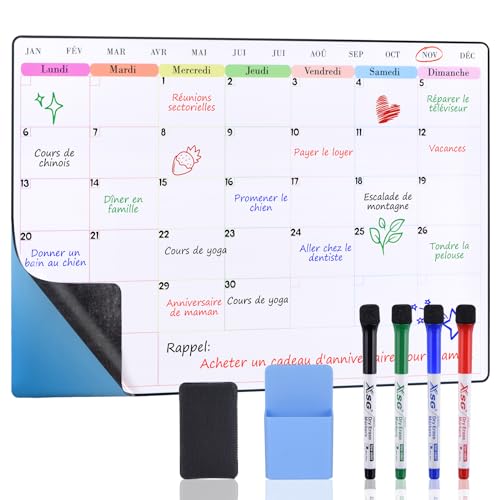 POPRUN 60x40 cm Calendrier Adhesif Tableau blanc Planning Mural, Planificateur Mensuel/Semainer...