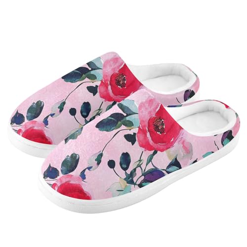 JUNZAN Cartoon Rose Hot Pink Womens House Cotton Slippers Breathable Memory Foam Hotel Slippers for Hotel Christmas Presents 6-74