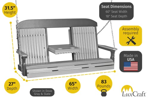 Luxcraft 5' Poly High Back Classic Porch Swing With Flip Down Center Console, Made With Recycled Plastics - Made In Usa (Weatherwood & Chestnut Brown) #TOP1