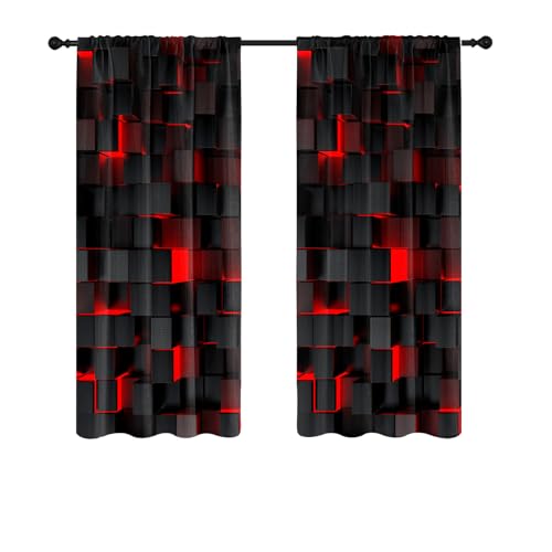 Kikiry Black and Red Curtains 42 W x 63 L Checkered Gothic Goth Dark Burgundy Plaid Abstract Modern Cool Funny Art Pattern Design Simple Living Room Bedroom Window Drapes Treatment Fabric 1 Pair