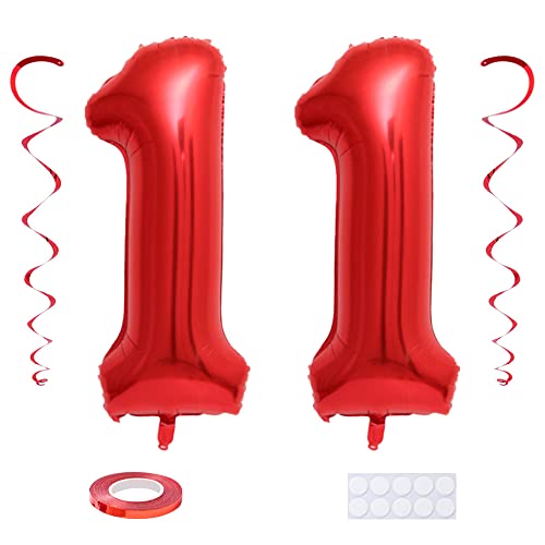 Maigendoo Jumbo 11 Number Balloon 40 Inch Large Digit Balloons Huge Helium Balloon Foil Mylar Balloon with Swirl Decorations for 11th Birthday Party Graduation Celebration Anniversary Event, Red