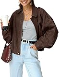 Kissonic Women's Oversized Jackets Faux Suede Bomber Jacket Lapel Pilot Cropped Casual Coat for Streetwear Outerwear, Coffee, S