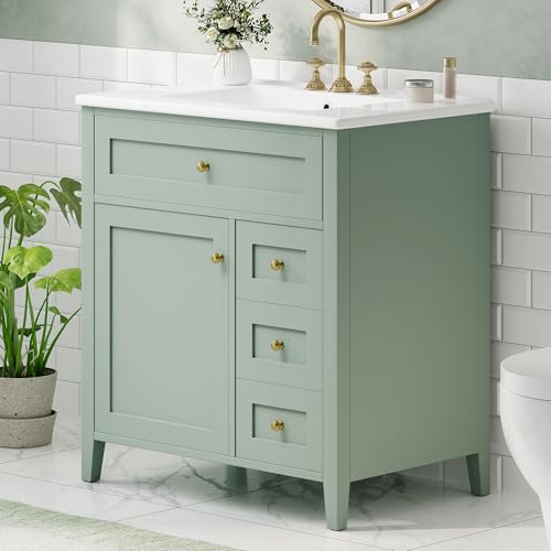 Image of 30 inch Bathroom Vanities with Top Set, Cabinet with Right-Side Multi-Functional Tip-Out Drawer and Adjustable Shelf, Soft-Closing Door, Solid Wood Legs, Green