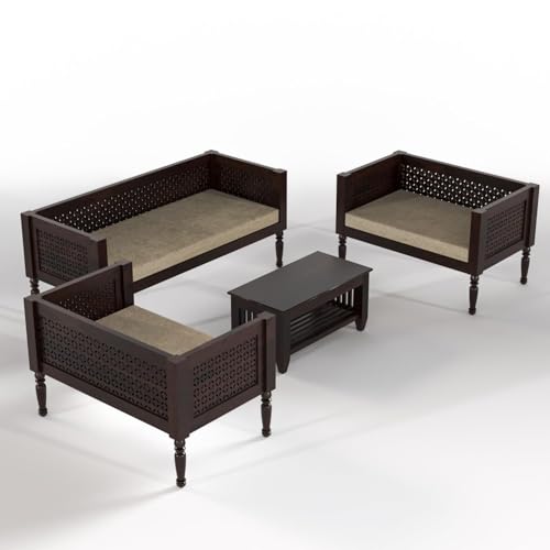 Image of Sheesham Wooden 7 Seater SofaSet for Living Room | Rosewood Cushion Sofa | Solid Wood Sofa Set for Lounge (Walnut, 7 Seater)