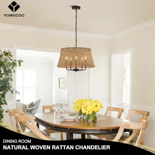 Image of 19.7 inch Boho Rattan Chandelier, 5-Light Black Wicker Light Fixture