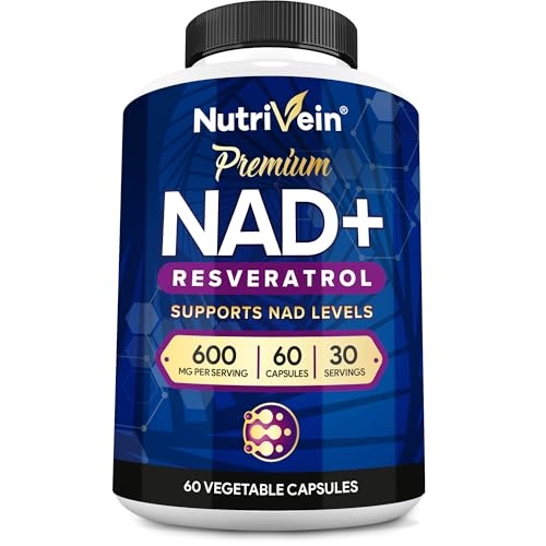 Nutrivein Premium NAD + Resveratrol Supplement 600 mg - 30 Servings (60 Capsules): Powerful Synergistic NAD Resveratrol Supplement - Aging, Cognition, Metabolism, & Overall Well-Being
