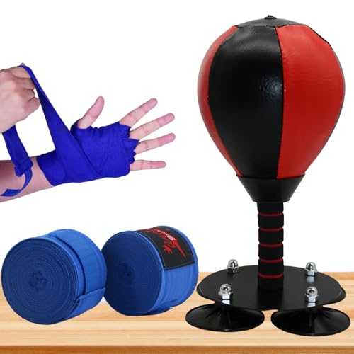 WGL&HJ 2025 Desktop Punching Bag Stress Relief,Fun Punch Rage Bag,Suction Cup Boxing Speed Ball,4 Super Strong Suction Cup,with Elastic 180 inch Boxing Handwraps for Boxing Gloves (Red&Black)