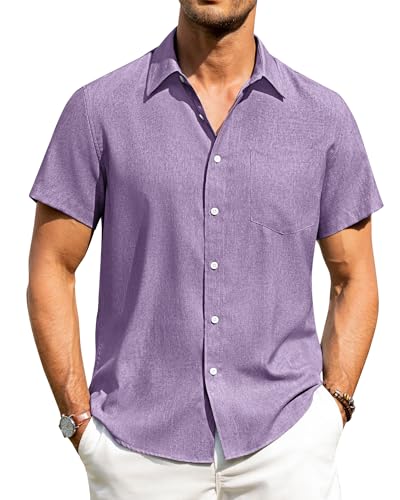 Image of Alimens & Gentle Mens Linen Shirts Short Sleeve Button Down Shirts Wrinkle Free Casual Vacation Beach Summer Tops