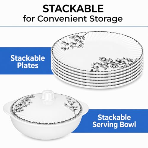 Image of Melvio By Malti 40 Pcs Dinner Set for Family Dining & Serving | Premium Melamine Crockery Set with Dinner Plates, Quarter Plates, Bowls, Serving Bowls, Rice Tray, Spoons & Lids | White Floral Design
