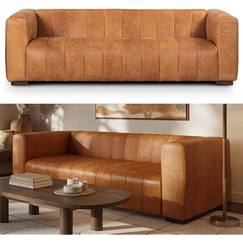 POLY & BARK Canale Sofa – 86" Channel-Tufted Italian Leather Couch – Cognac Tan Full-Grain Pure-Aniline or Semi-Aniline Leather, Solid Wood Frame & Legs
