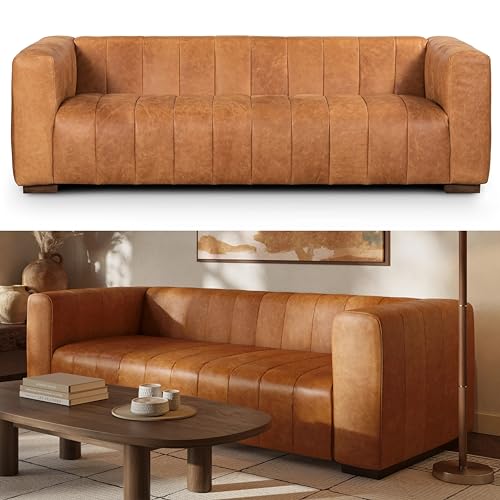 POLY & BARK Canale Sofa – 86" Channel-Tufted Italian Leather Couch – Cognac Tan Full-Grain Pure-Aniline or Semi-Aniline Leather, Solid Wood Frame & Legs