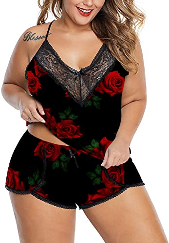 Image of Women Plus Size Pajamas Cami Shorts Set Nightwear Sexy Lace Lingerie Sleepwear