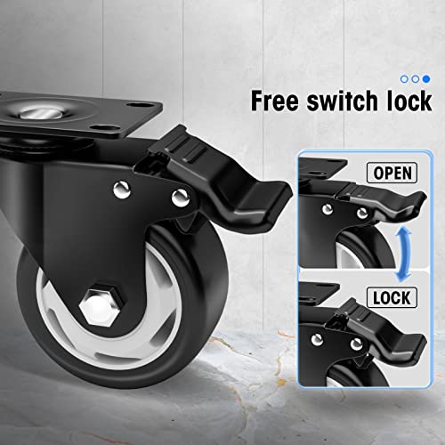 Image of 3 inch Caster Wheels Set of 4, Heavy Duty Casters with Brake, No Noise Locking Casters with Polyurethane (PU) Wheels, Swivel Plate Castors Pack of 4