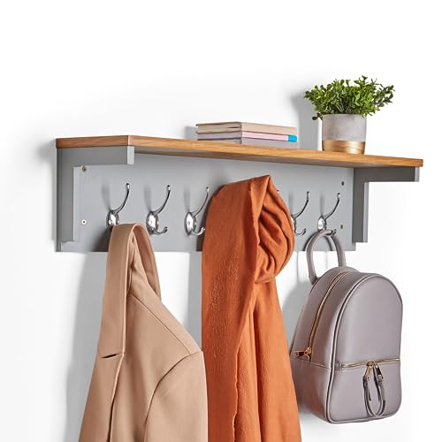VonHaus Coat Hooks Wall Mounted - Grey Coat Rack with Shelf & 7 Strong Double Hooks – Wall Mounted Clothes Rack Hallway Organiser with Ash Wood Veneer for Hall & Entryway for Scarves, Bags