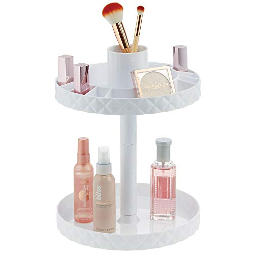 Preisvergleich Produktbild mDesign drehbares Kosmetiktablett stilvolle Ablagefläche für Lotion, Kosmetik und Medikamente runde zweistöckige Kosmetik Aufbewahrung für das Badezimmer weiß