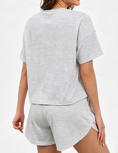 Image of Womens Pajama Sets Shorts 2 Piece Striped Matching Pjs Set Summer Split Soft Comfy Lounge Sleepwear