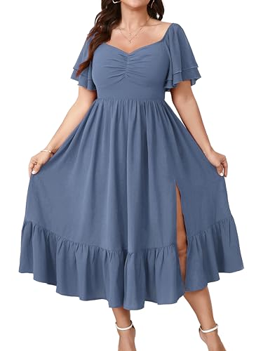 Image of SCOMCHIC Womens Plus Size Wedding Guest Cocktail Dresses Sweetheart Neckline Short Sleeve Smocked Ruffle Slit Maxi Dress