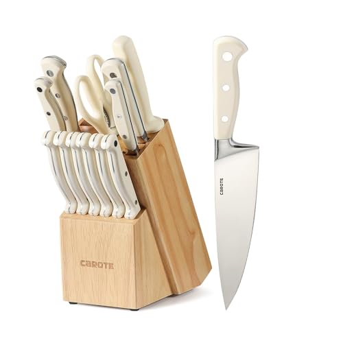 CAROTE Premium Wooden Knife Block Set with 14,Stainless Steel Knives with Handcrafted Oak Block, Rustproof & Dishwasher Safe,Cream - Image 8
