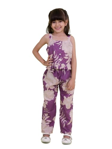 AJ DEZINES Kids Cotton Sleeveless Purple Co-ords Set for Girls - Casual Outfit | Vacation Wear | Beach Dress |Floral Printed Top and Bottom for girls - Regular Fit (G-CO-2036-PURPLE-30)