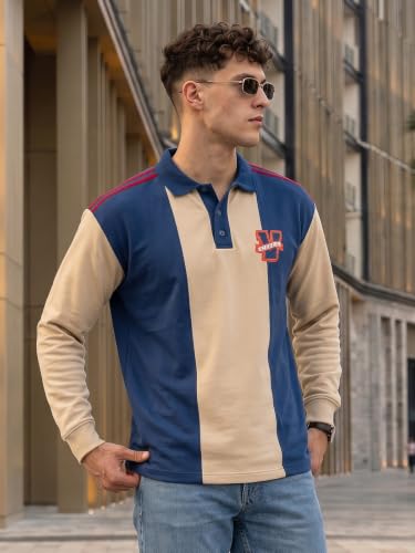 Image of Veirdo Men's Loopknit Cotton Oversized Baggy Fit | Full Sleeve Polo T-Shirt | Casual Streetwear with Ribbed Cuffs Travel | Sizes: S to XXL