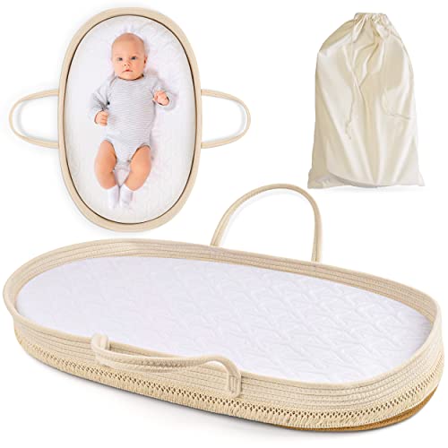 BHT Baby Moses Changing Basket with Waterproof Changing Pad Cover and Travel Bag, Woven Rope Moses Basket for Babies Dresser Top, Boho Nursery, Farmhouse Nursery, Travel Diaper Changing Basket Pad