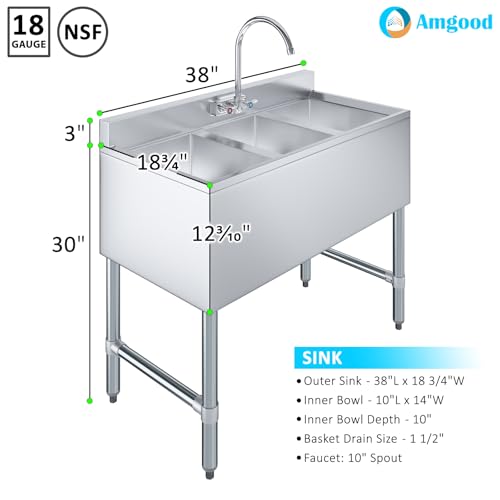 Image of AmGood 38 in. x 19 in. Three Bowl Commercial Underbar Sink with Faucet, NSF Approved