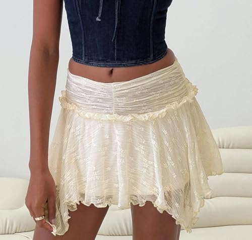 Women Y2k Lace Mini Skirts Low Waist Ruffle Half Slip Skirt Lace Pleated Tiered Short Skirts Layered Flowy Underskirt3