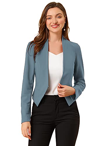 Allegra K Women's Work Office Blazer Collarless Business Casual Suit Jacket Cropped Blazer Grey Blue Small