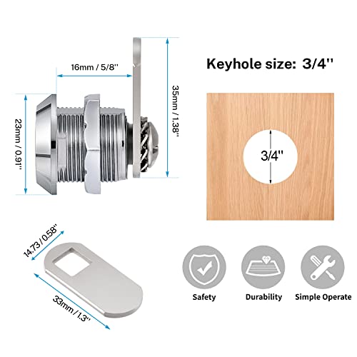 Kohree 5/8 Inch Cabinet Cam Locks Set Keyed Alike, 5 Pack Cylinder Storage Locks Secure File Drawer Dresser Mailbox Rv Compartment Lock Tool Box Replacement Hardware, Chrome-Finish Zinc Alloy, 10 Keys #TOP1